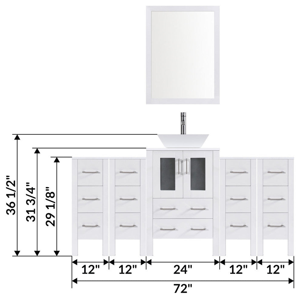 Modern Vanity Set With One Sink Base With Mirror and Four Drawer Bases, White, 7