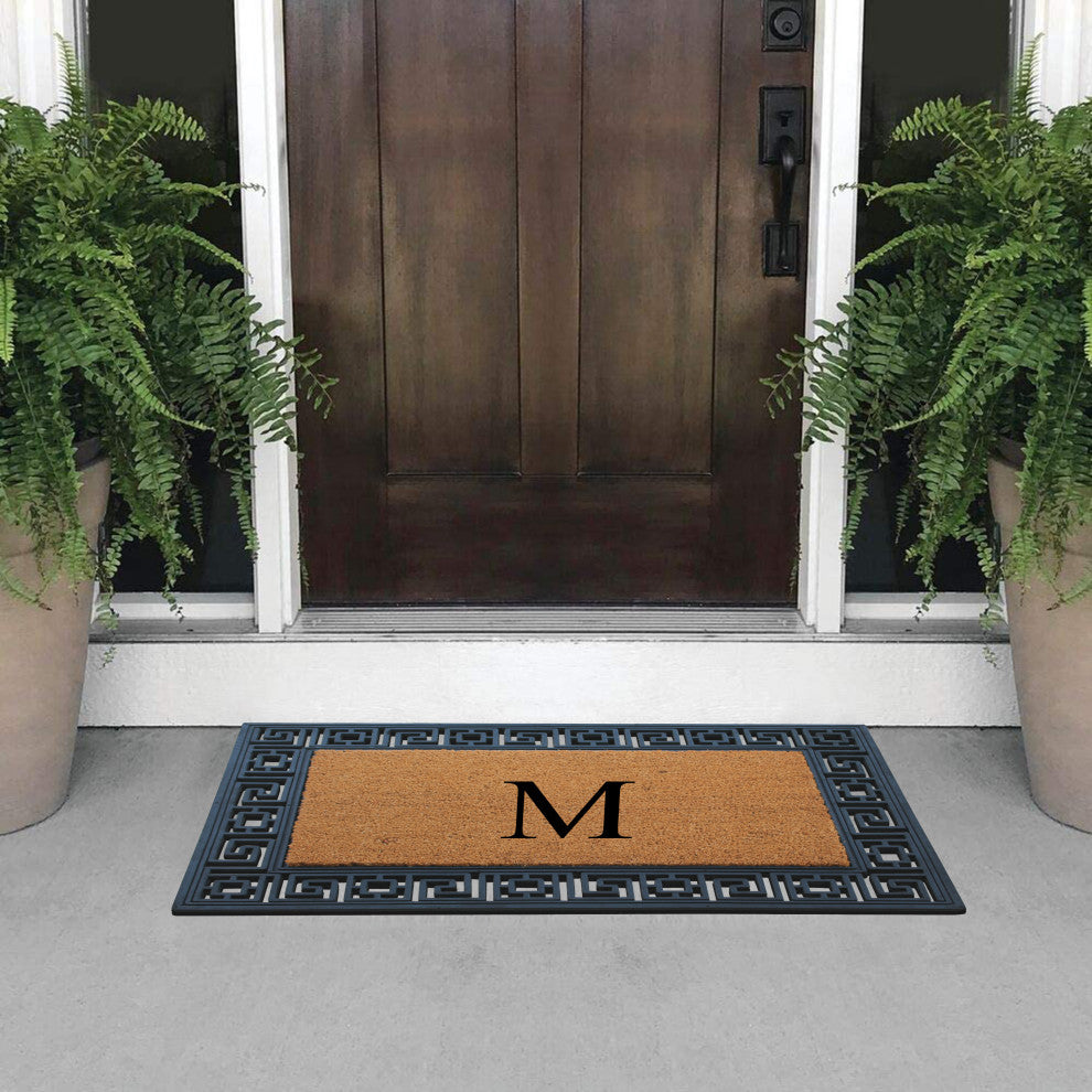 Rubber And Coir Greek Key Black Border 24"x36", Outdoor Monogrammed Doormat, M