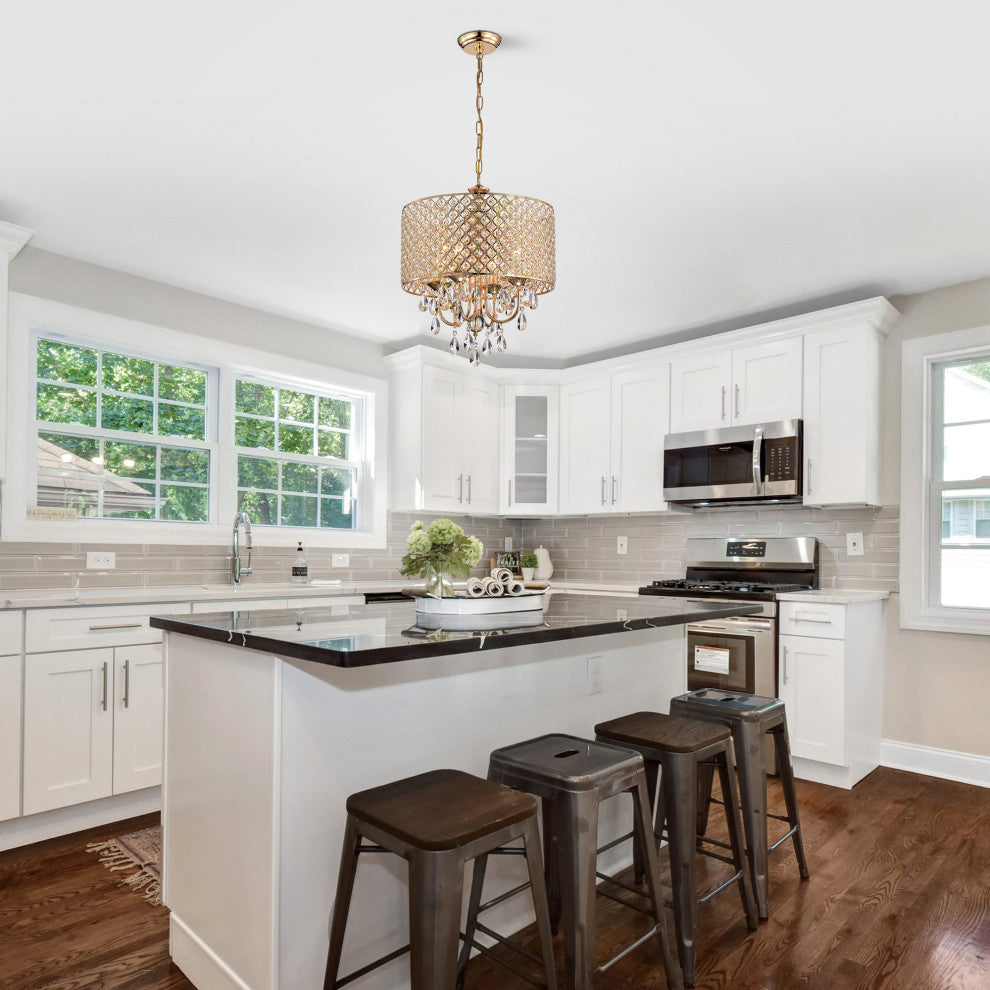 4-Light Rose Gold Round Beaded Drum Chandelier With Hanging Crystals