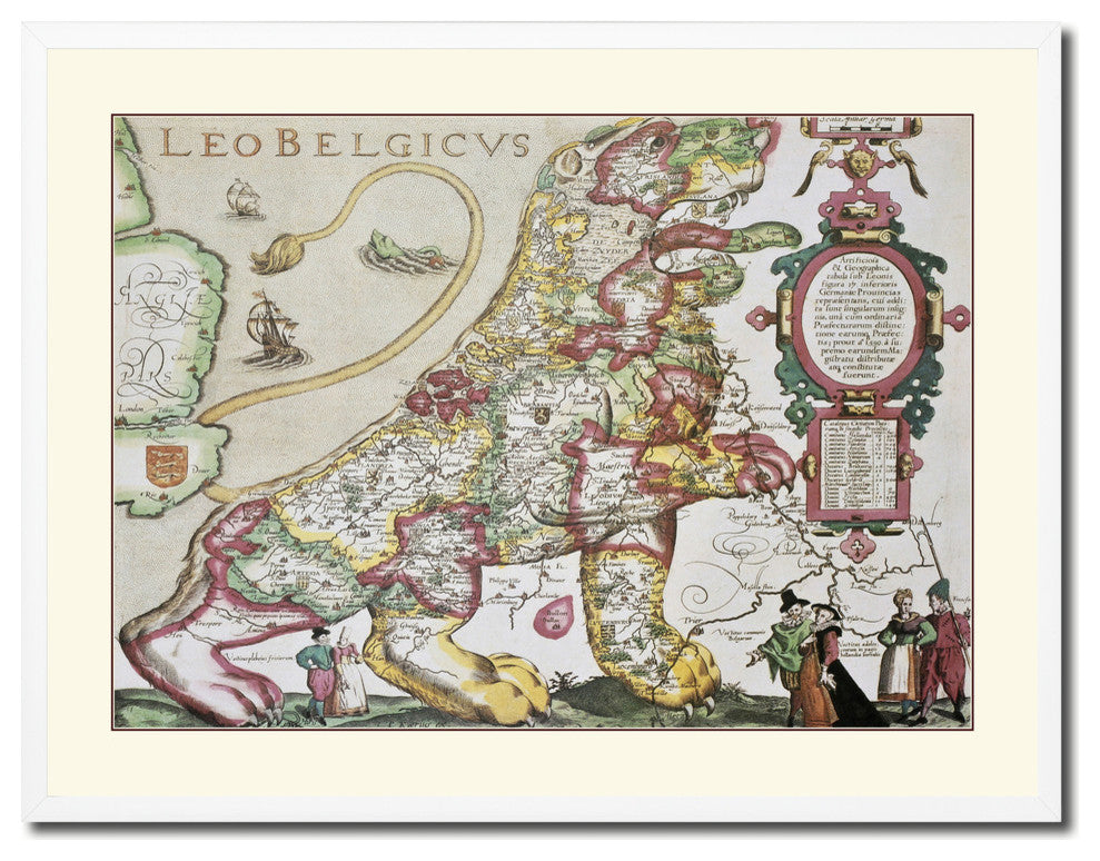 Leo Belgicvs Vintage Old Map Print On Canvas With Picture Frame 28" X 37"