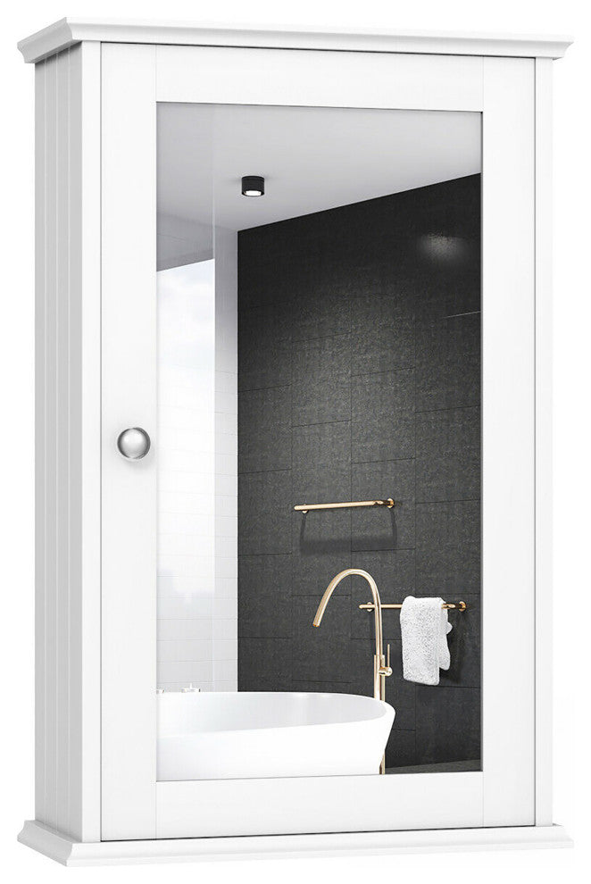 Costway New Bathroom Wall Cabinet Single Mirror Door Storage Wood Shelf White