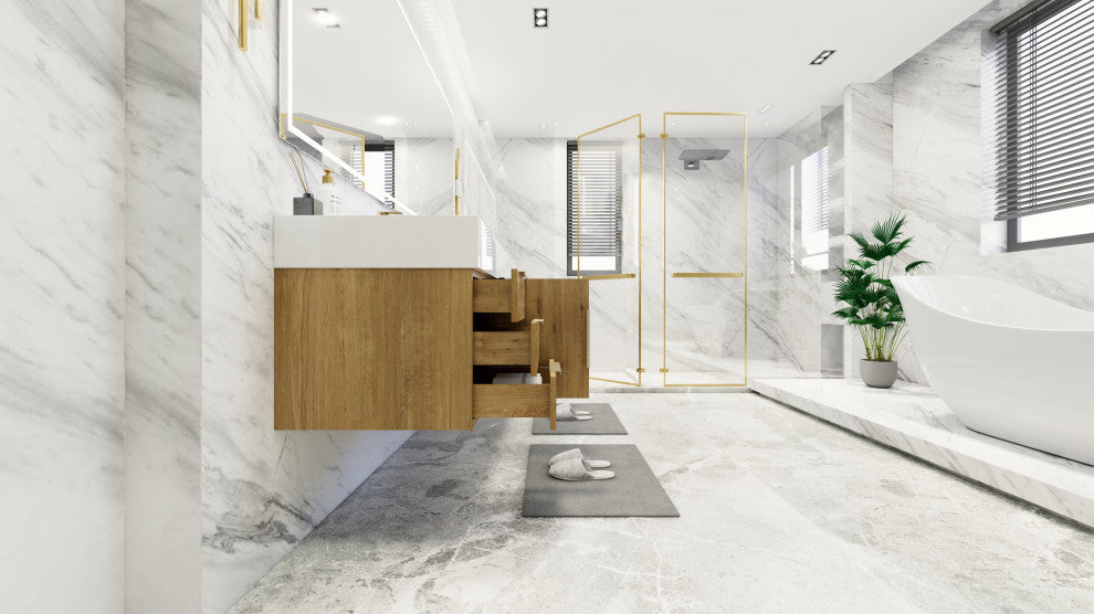 Madison 84" Wall Standing Double Sink Vanity with Reinforced Acrylic Sink, Oak