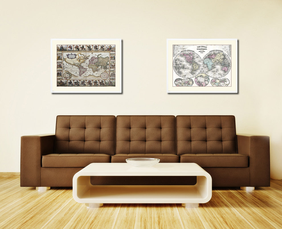 World Vintage Old Map Print On Canvas With Picture Frame 28" X 37"