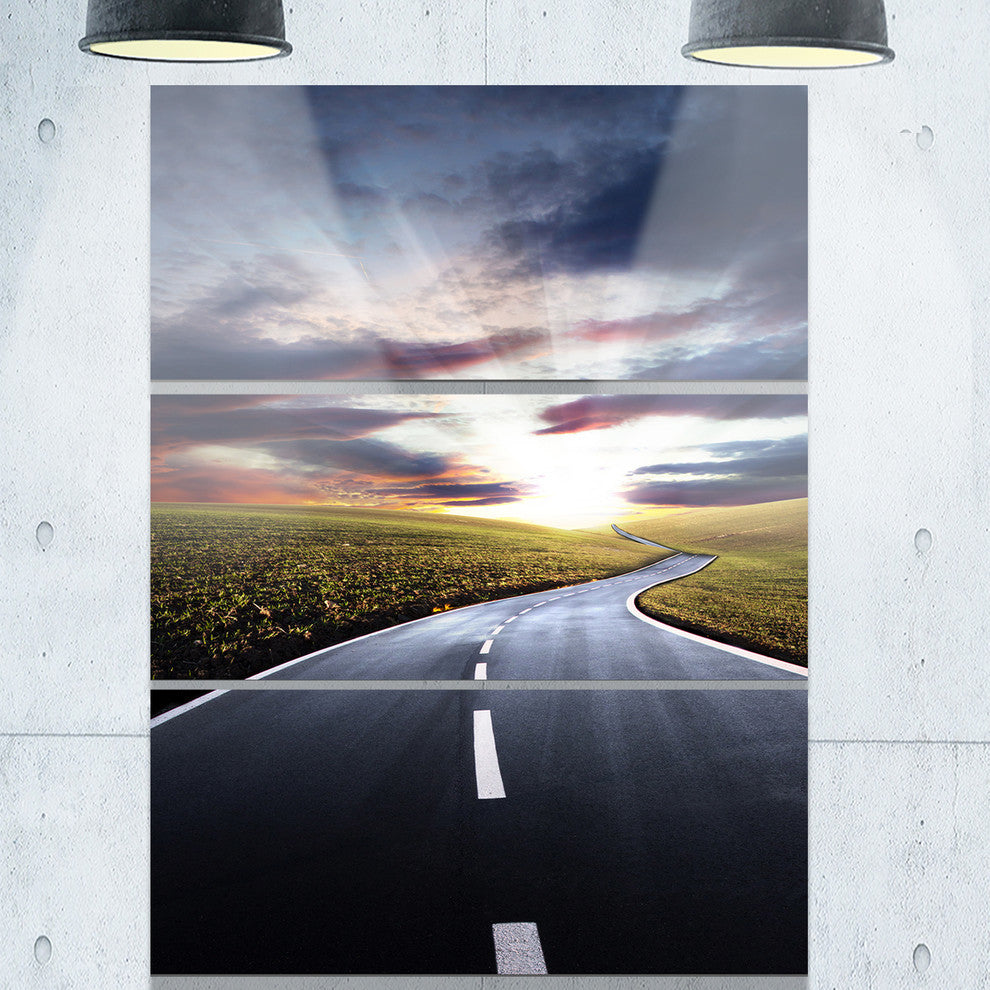 "Road to Hills Under Clouds" Photo Metal Wall Art, 3 Panels, 28"x36"