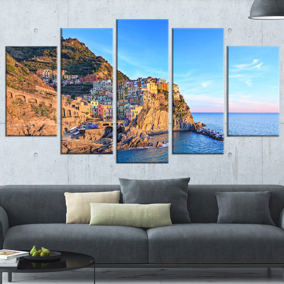 "Manarola Village Cinque Terre Italy" Seashore Wall Art, 5 Panels, 60"x32"