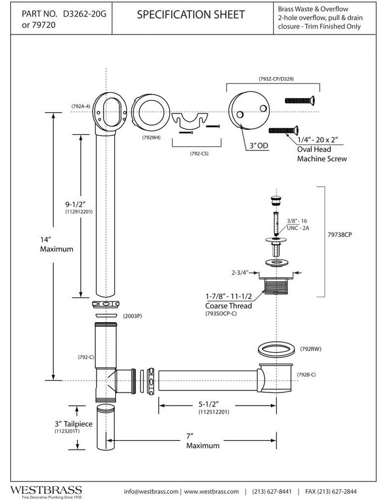 Pull & Drain Bath Waste - 14" Make-Up, 20 Ga. Tubing In Polished Brass