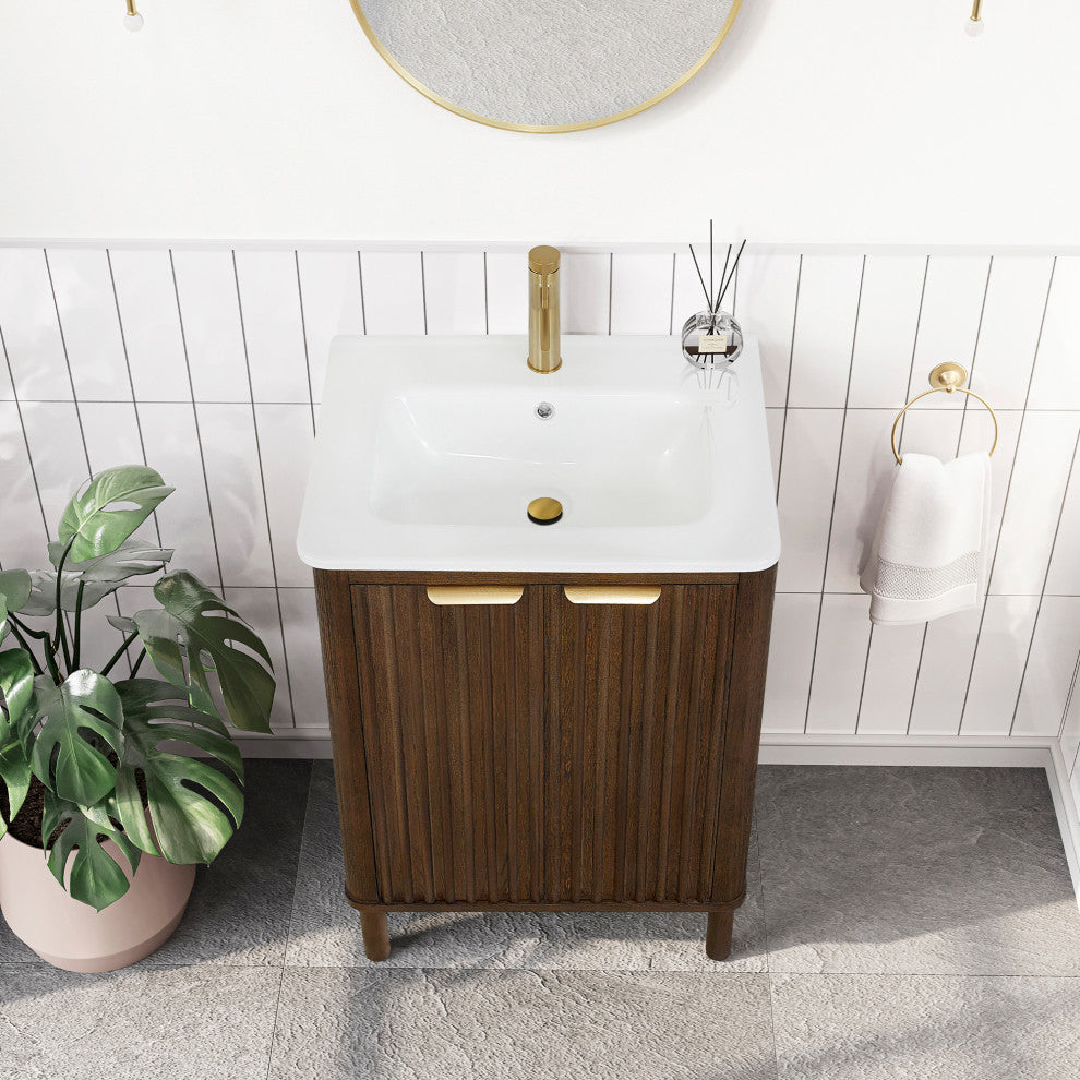 Mumbai Bath Vanity with Ceramic Basin Top without Mirror, Dark Brown Oak, 24", Single Vanity