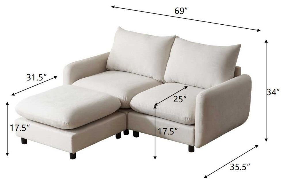 GDF Studio Upholstered Modular Sectional Sofa Set, White Sand, 2 Seater With Ottoman