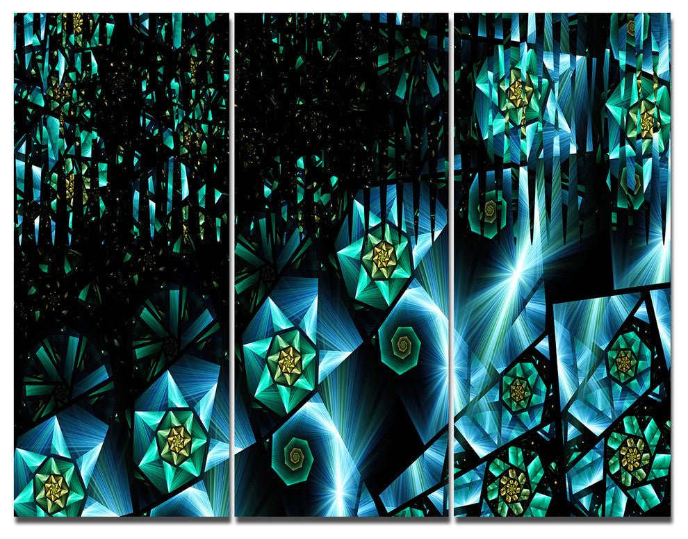 Bright Blue Fractal Flowery Sky, Abstract Wall Art Canvas, 36x28, 3 Panels