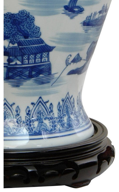 18" Landscape Blue and White Porcelain Temple Jar