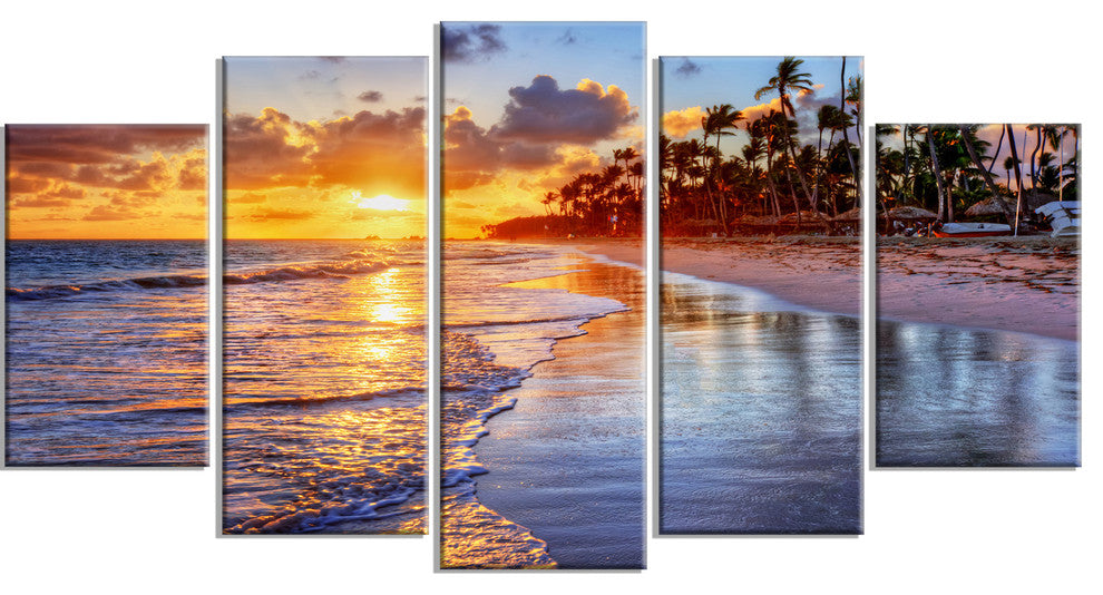Beach Side Resort With Palm Trees, Yellow, Seashore Wall Art, 60"x32", 5 Panels