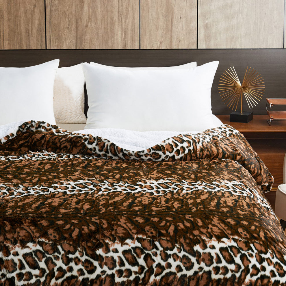 Leopard Faux Fur and Sherpa Blanket, Queen