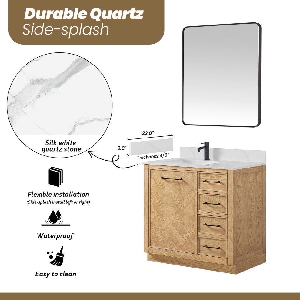 Jakarta Bath Vanity, Quartz Top No Mirror, Weathering Light Brown, 36", Single Vanity