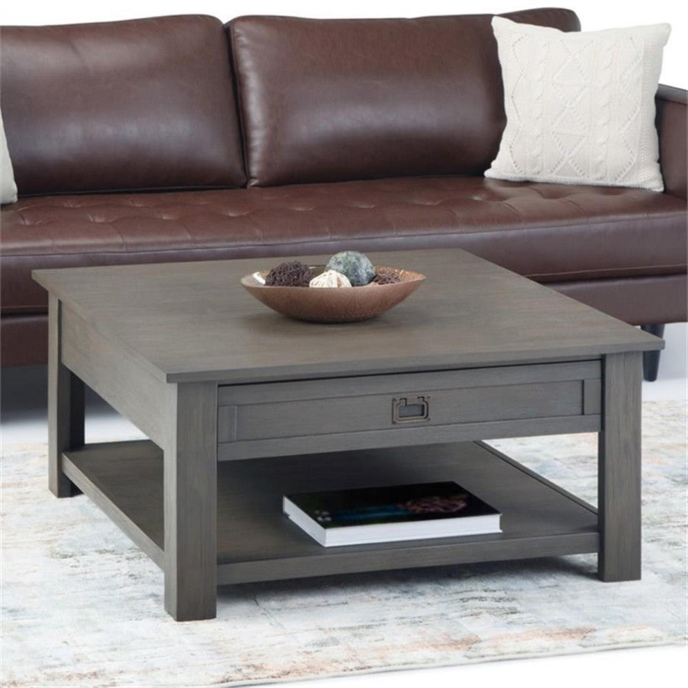 Monroe Solid Acacia Wood 38" Wide Square Rustic Coffee Table In Farmhouse Grey