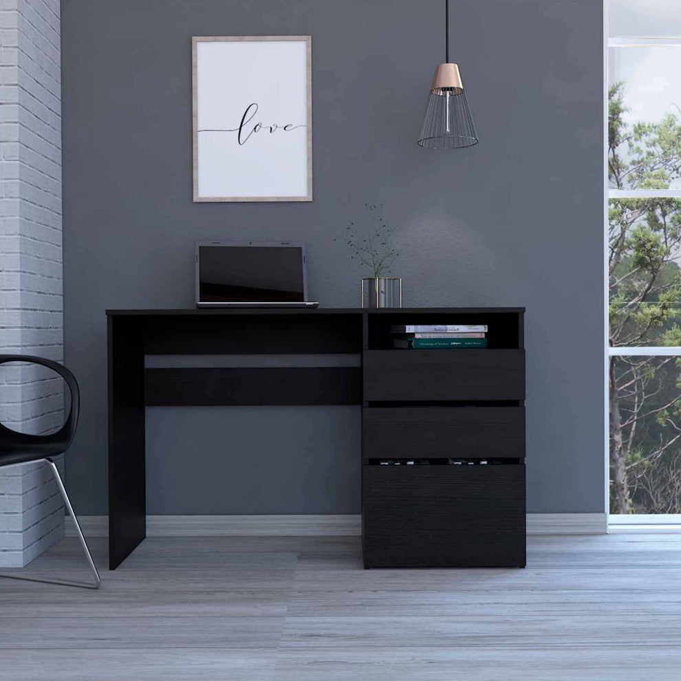 Louisiana Writing Computer Desk with Open Shelf and 3 Drawers, Black