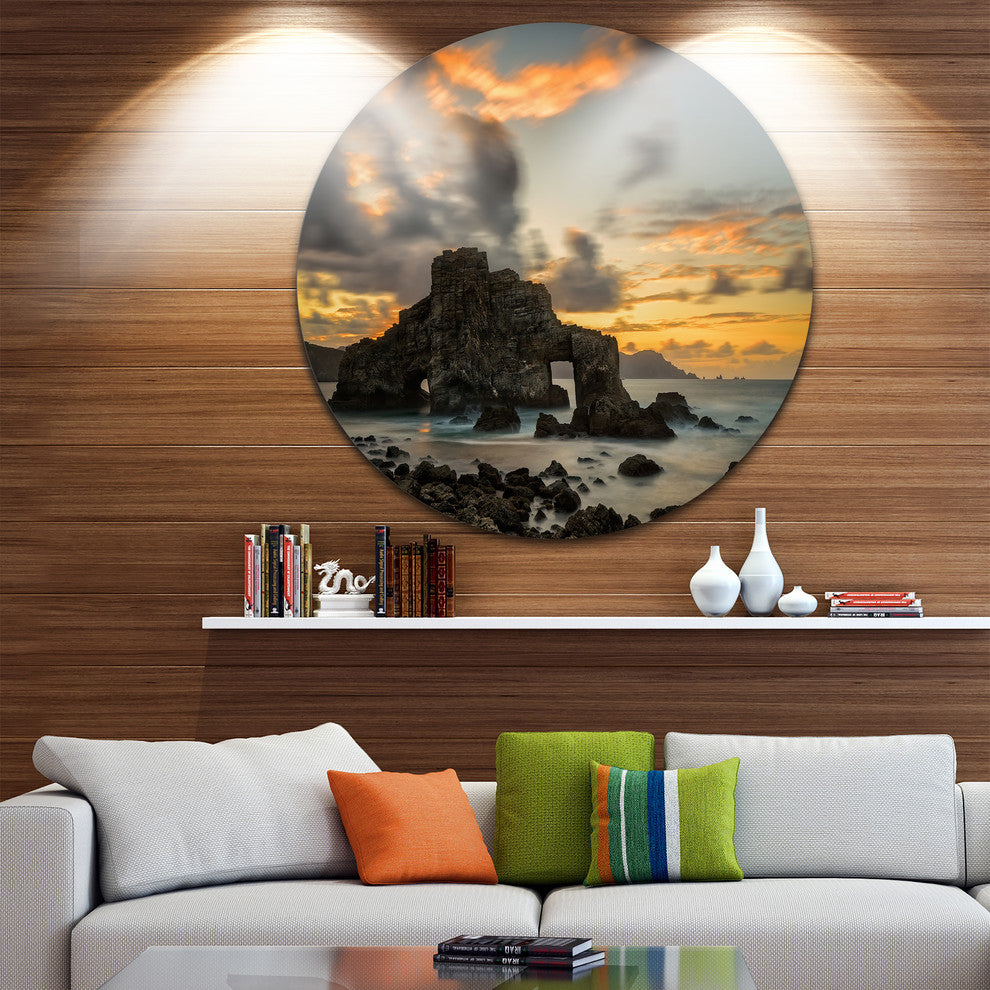 Yellow Atlantic Coast In Spain, Seashore Photo Disc Metal Artwork, 23"