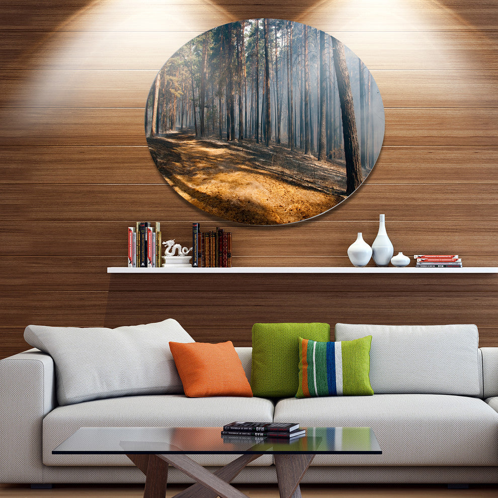 Fire In Forest With Flame And Smoke, Modern Forest Round Wall Art, 36"