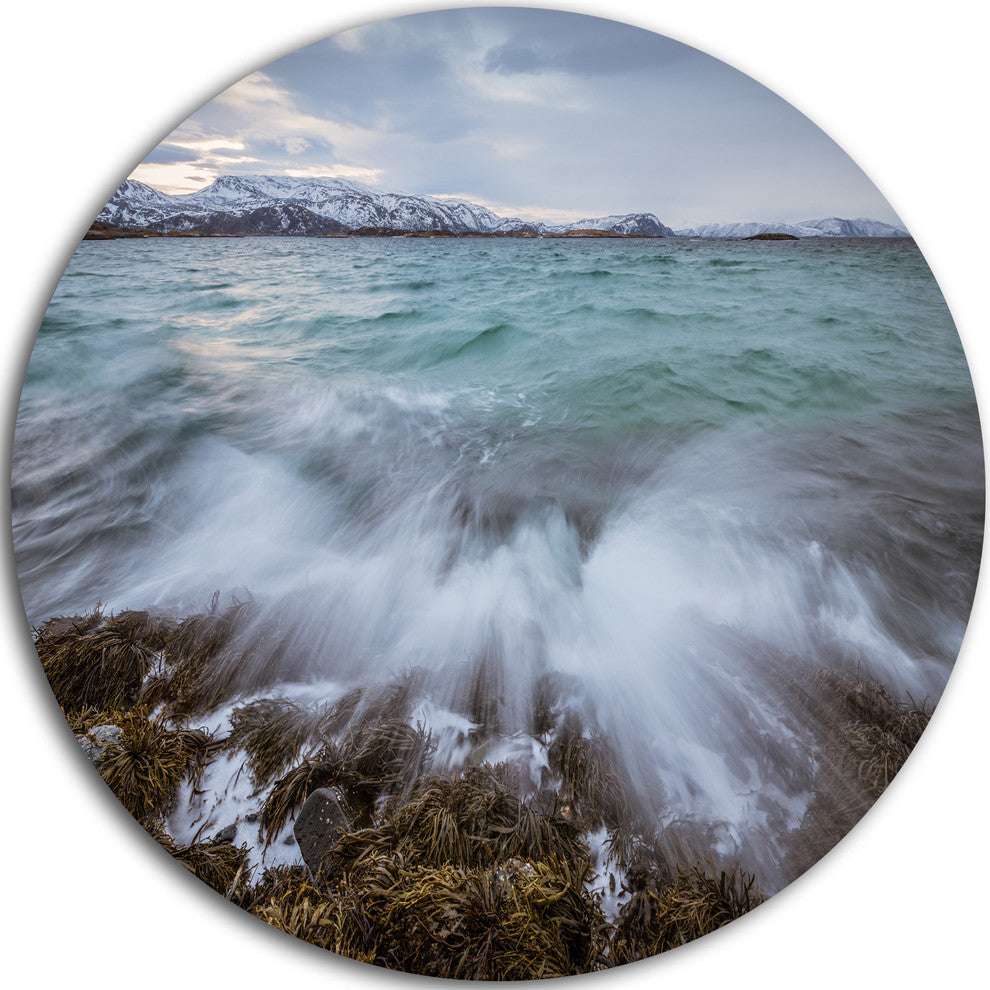 Waves Splashing Rocks In Norway, Seascape Disc Metal Wall Art, 36"