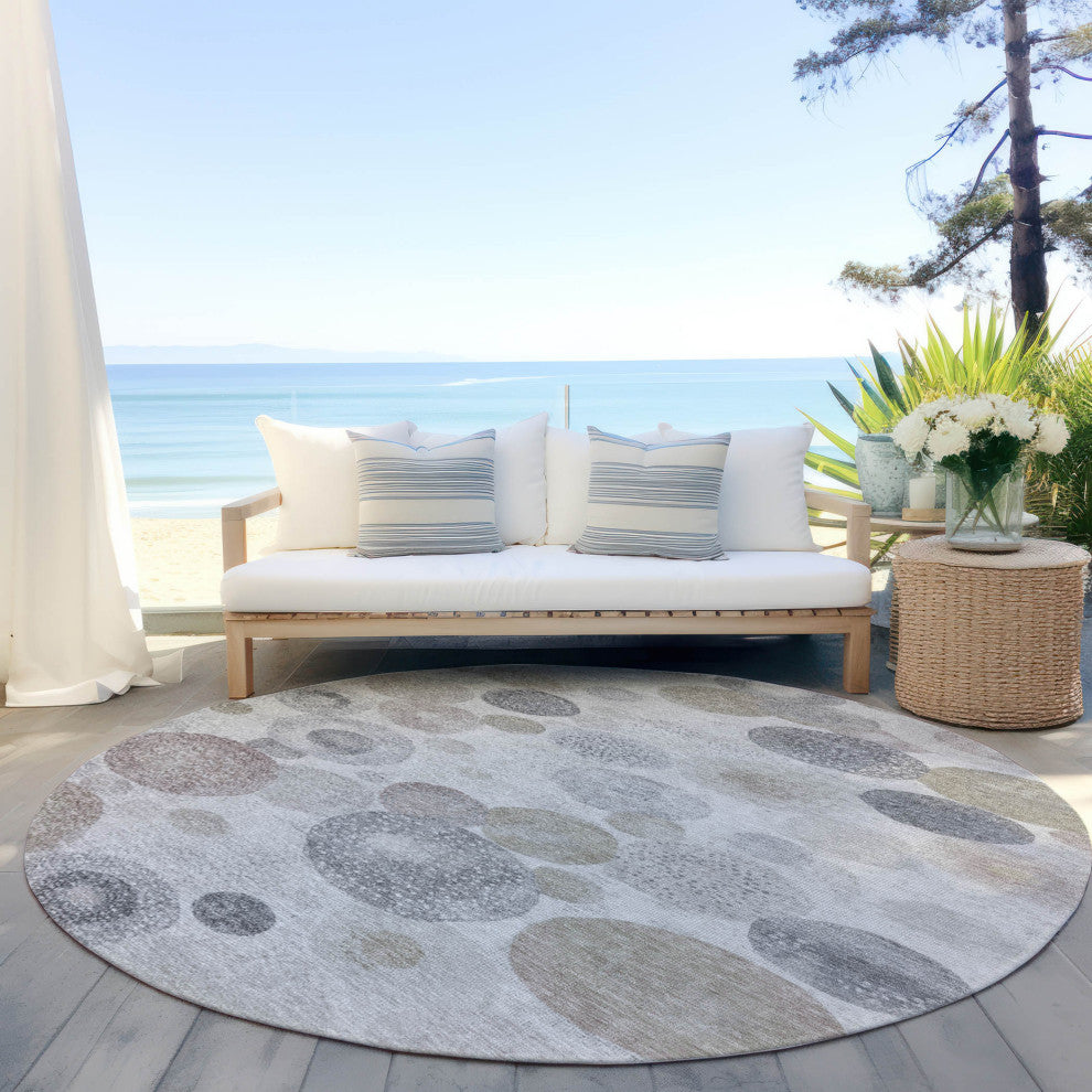 Machine Washable Indoor/Outdoor Chantille ACN1896 Taupe 8' x 8' Round Rug