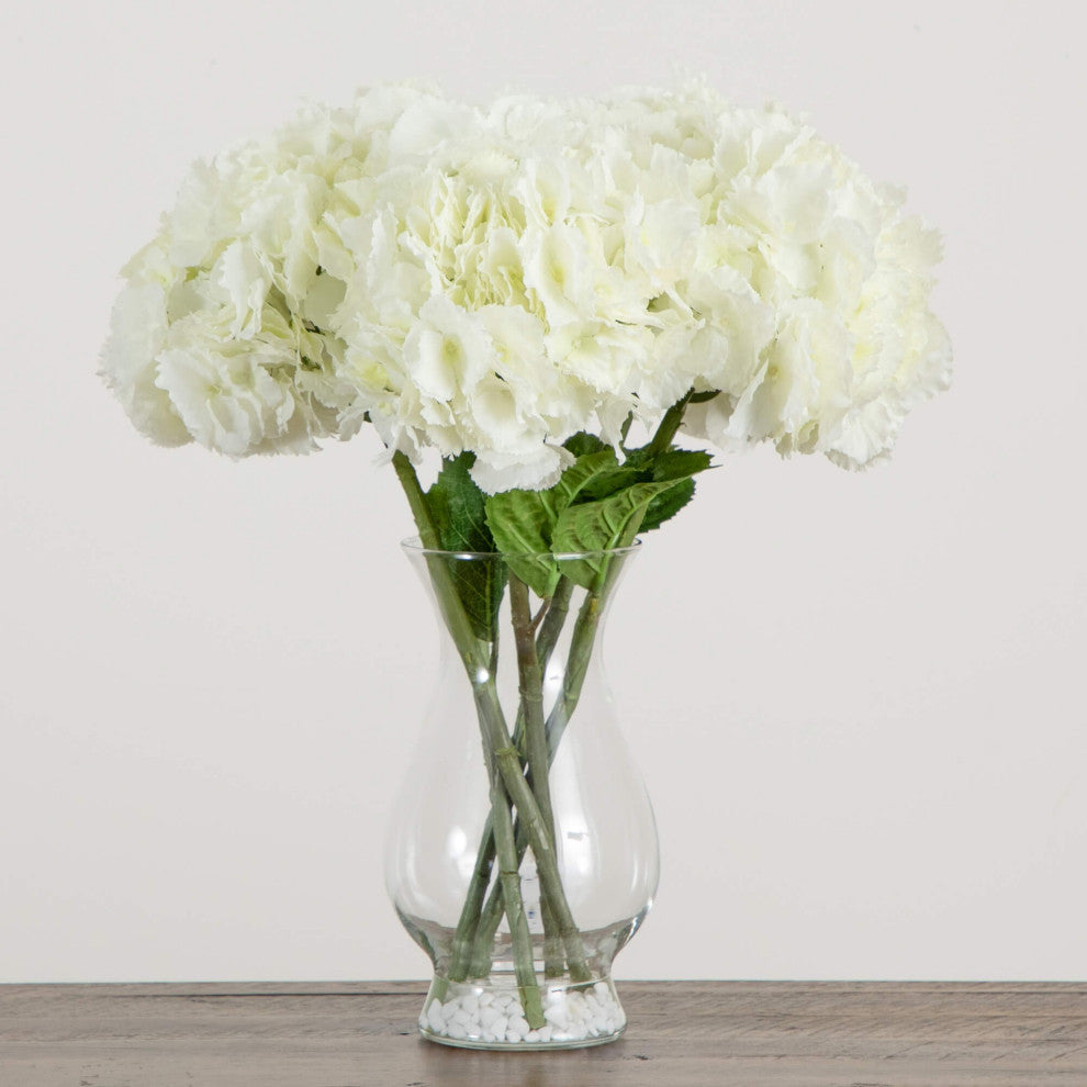 20" Artificial Hydrangea Arrangement, Glass Vase, White