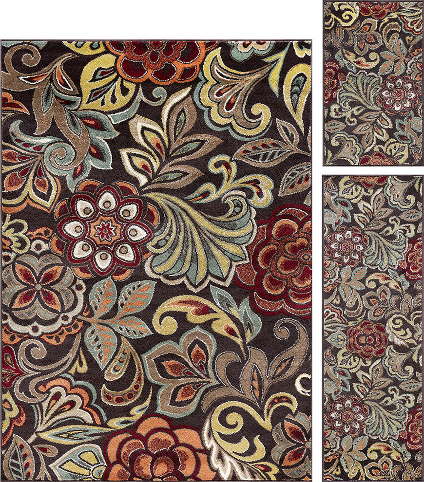 Dilek Transitional Floral Area Rug, Brown, 5' X 7', 20'' X 60'', 20'' X 32''