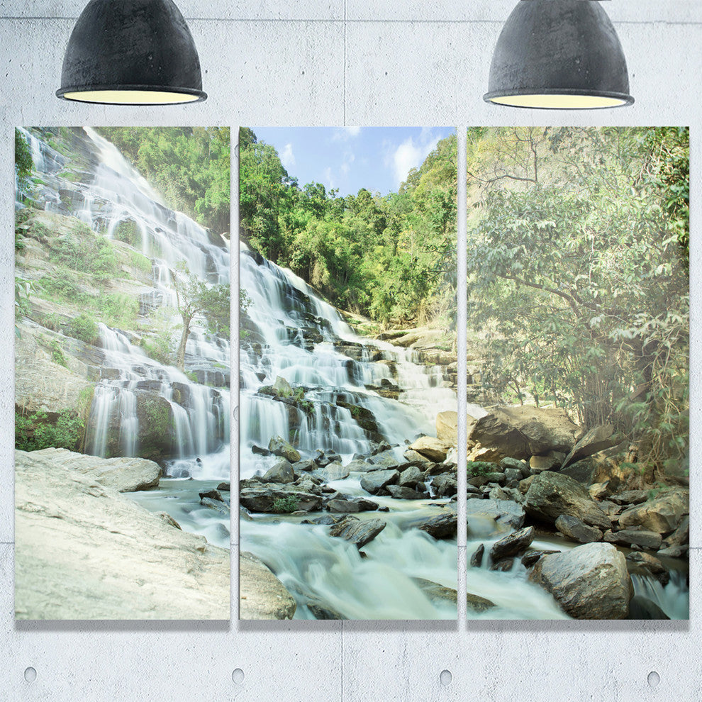 "Maeyar Waterfall in Rain" Photo Metal Wall Art, 3 Panels, 36"x28"