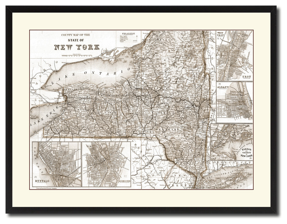 New York Vintage Sepia Map Canvas Print, 28"x37"