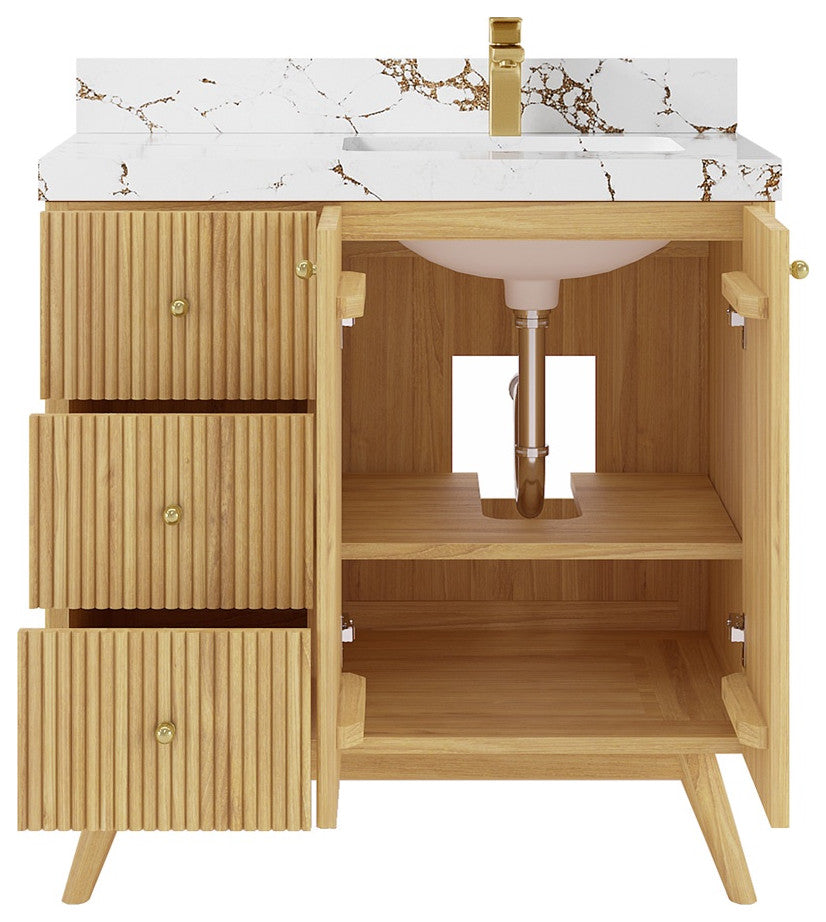Pasadena 36 Right Offset  Bath Vanity in Light Natural Teak 2" Viola Brown