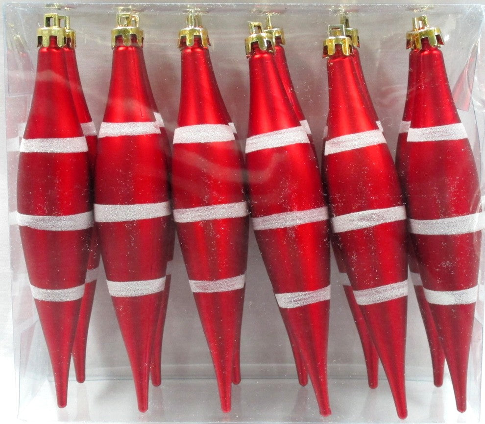 Red And White Finial Ornament With Line Design 12-Pack