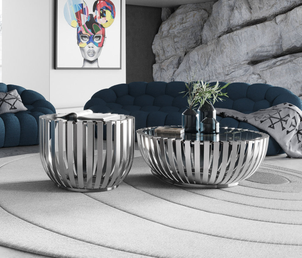 Modrest Cage Modern Stainless Steel Round Coffee Table With Glass Top