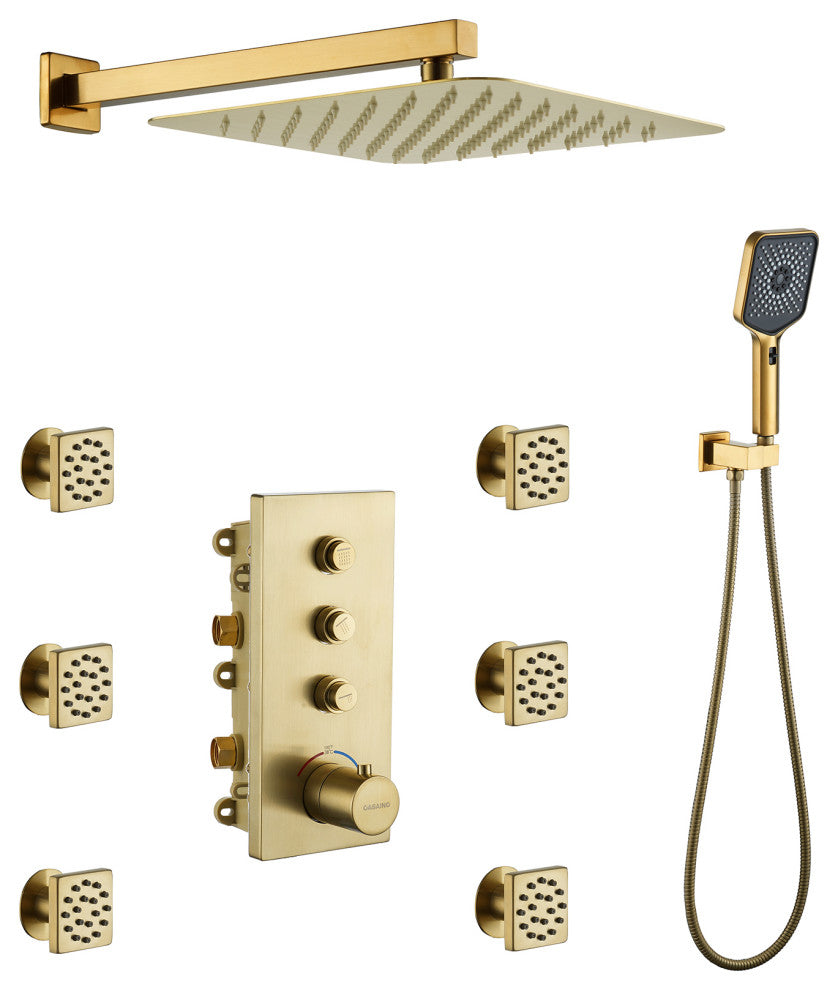 3 Functions 12 Inch Wall Mount Thermostatic Shower System, Brushed Gold