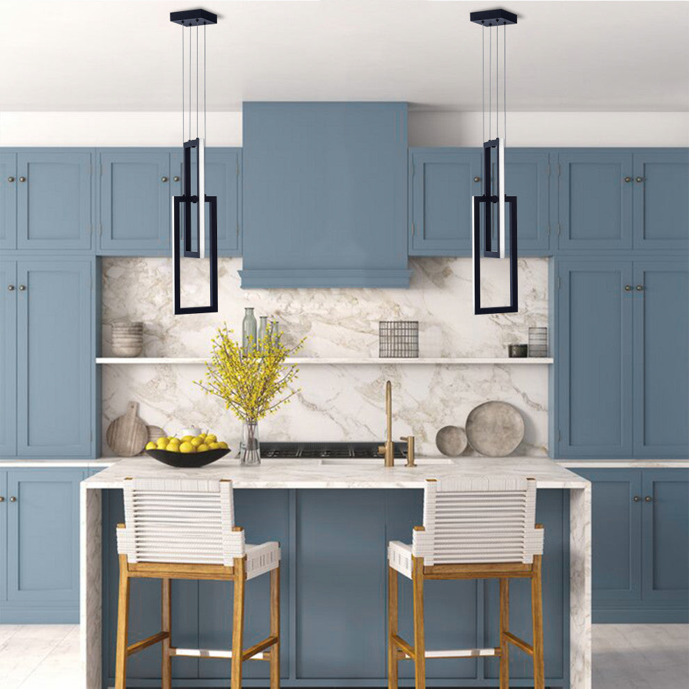 2-Light Rectangle LED Pendant Light Chandelier, Black