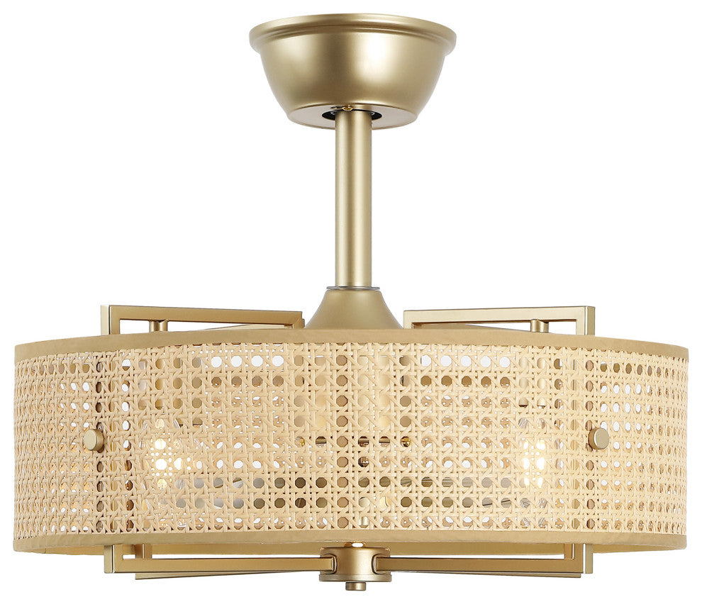 GetLedel 18" Rattan Drum Caged Ceiling Fan With Light and Remote, Gold