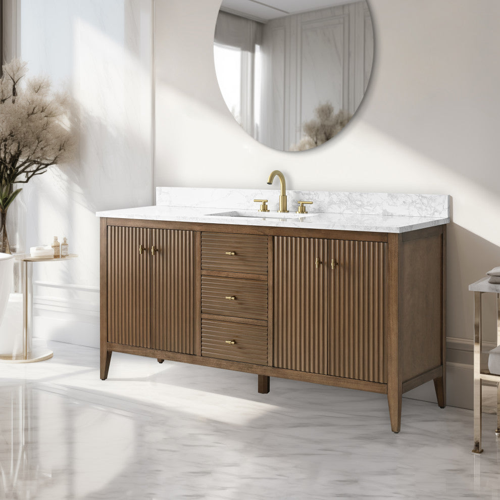 Vanity Art Freestanding Vanity, Walnut, 60", Single Sink, Golden Brushed