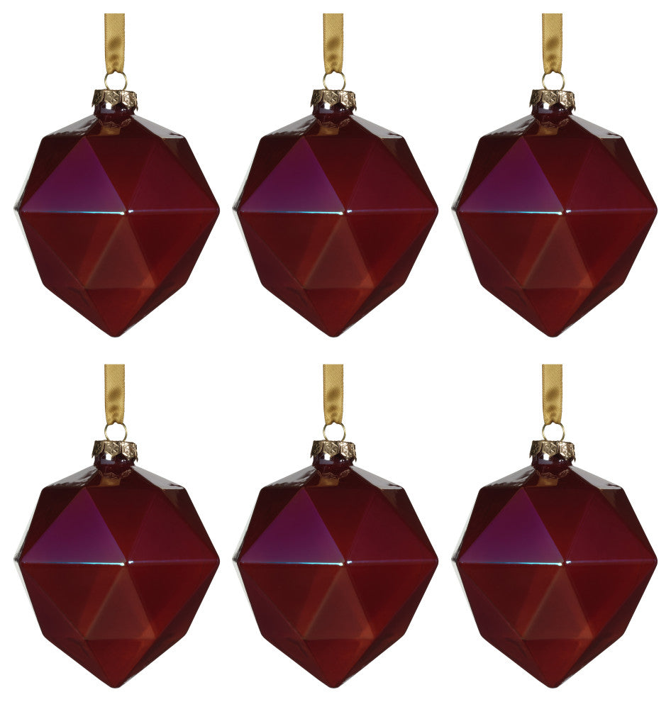 6-Piece Set Red Luster Faceted Glass Hanging Ornaments, Octagon
