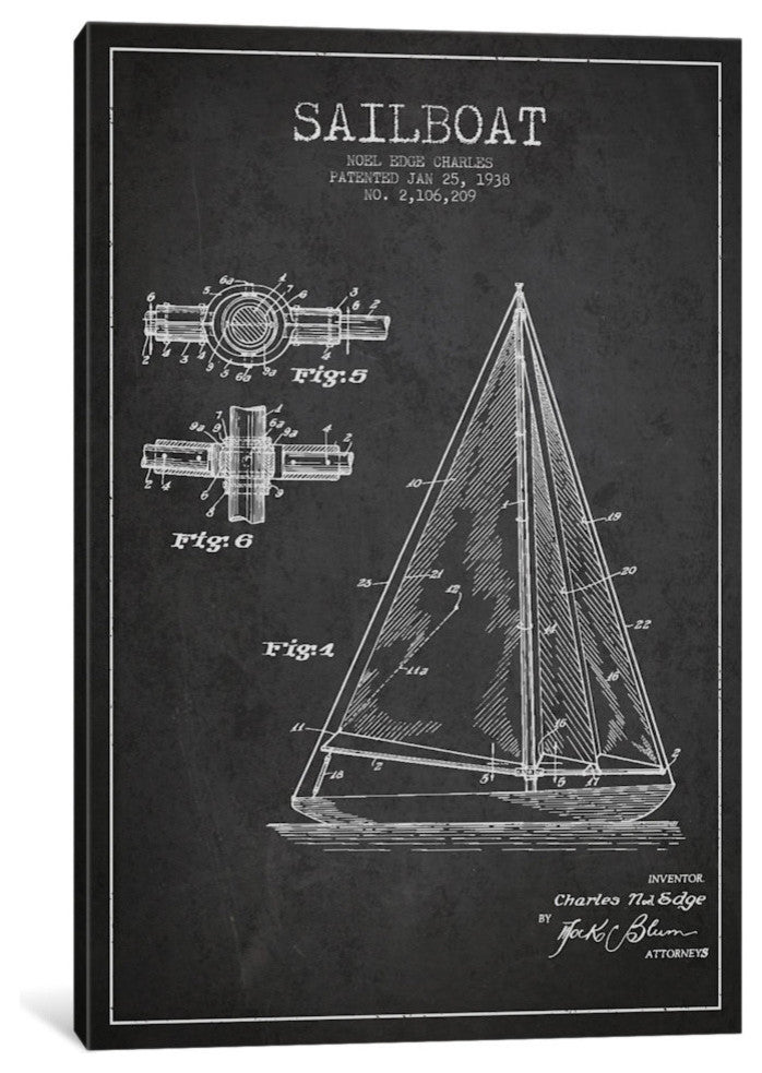 "Sailboat Charcoal Patent Blueprint" by Aged Pixel, 40x26x1.5