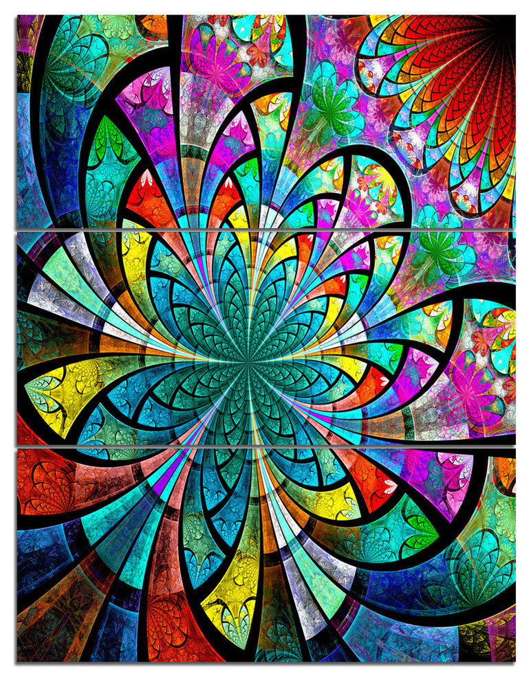 "Multi Color Fractal Flower Pattern" Metal Wall Art, 3 Panels, 28"x36"