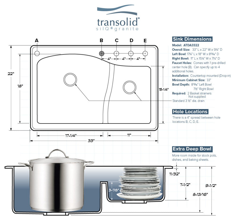Aversa SilQ Granite 33"Drop-in Kitchen Sink with 3 BCE Faucet Holes in Espresso