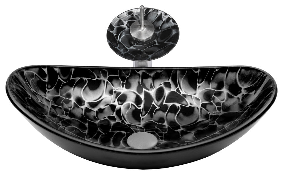 Tartaruga Oval Glass Vessel Sink Combo Set with Faucet and Drain, Brushed Nickel