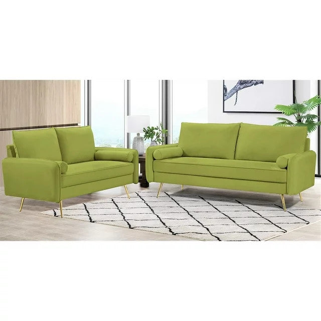 Modern Velvet Living Room Set: Sofa and Loveseat with Sleek Golden Legs, Olive Green