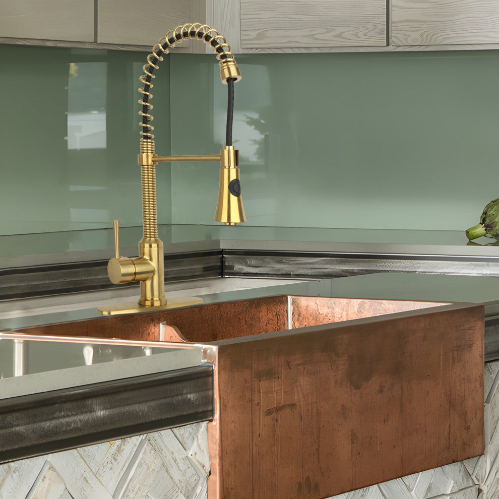 Copper Pre-Rinse Spring Pull Down Kitchen Faucet With Deck Plate Brushed Gold
