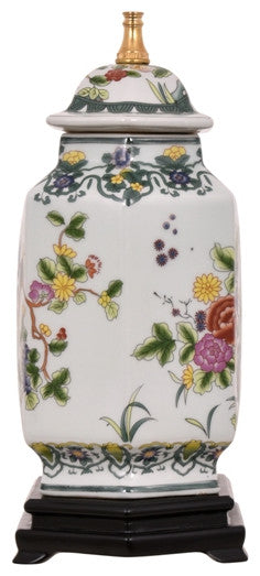 Chinese Porcelain Famille Bird Motif Hexagonal Ginger Jar Table Lamp 25"