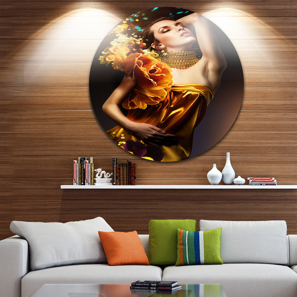 Woman In Yellow Dress, Digital Art Portrait Round Wall Art, 23"