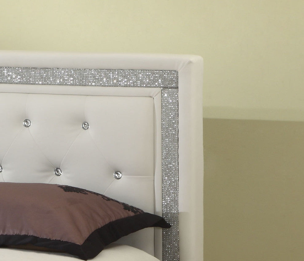 Modern Platform Bed With Crystal Tufted Buttons, White, Queen