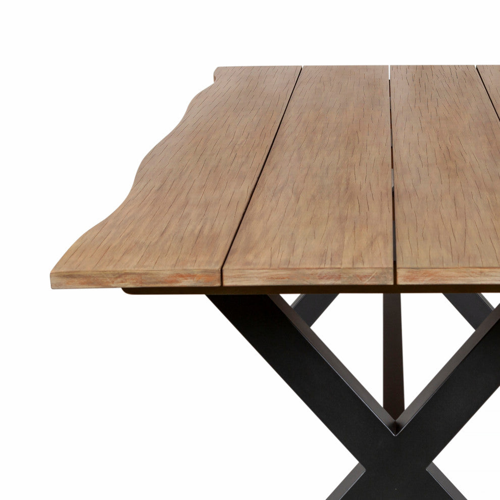 Glendora Outdoor Patio Live Edge Dining Table Eucalyptus Wood Black Metal Base