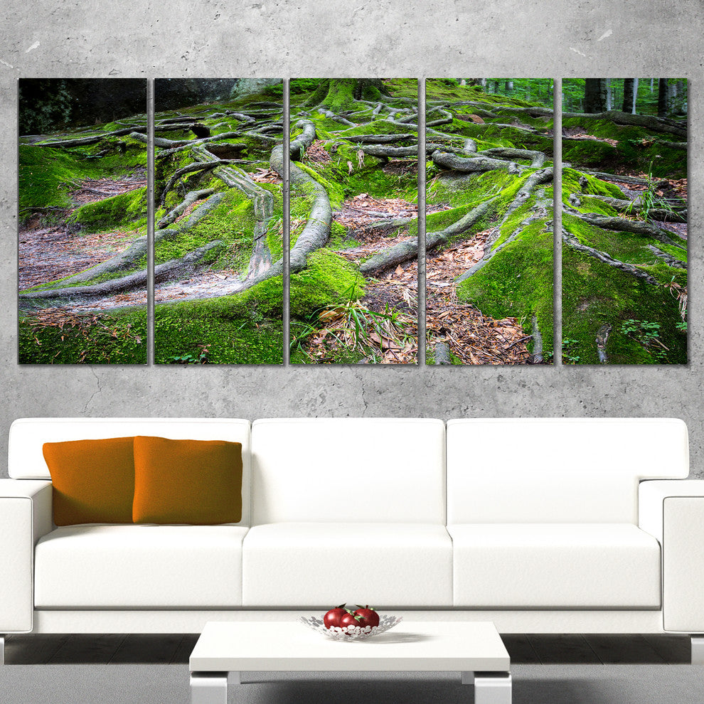 "Green Wild Deep Moss Forest" Landscape Art Print Canvas, 5 Panels, 60"x28"