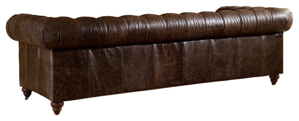 Crafters and Weavers Top Grain Leather Chesterfield Sofa, Dark Brown