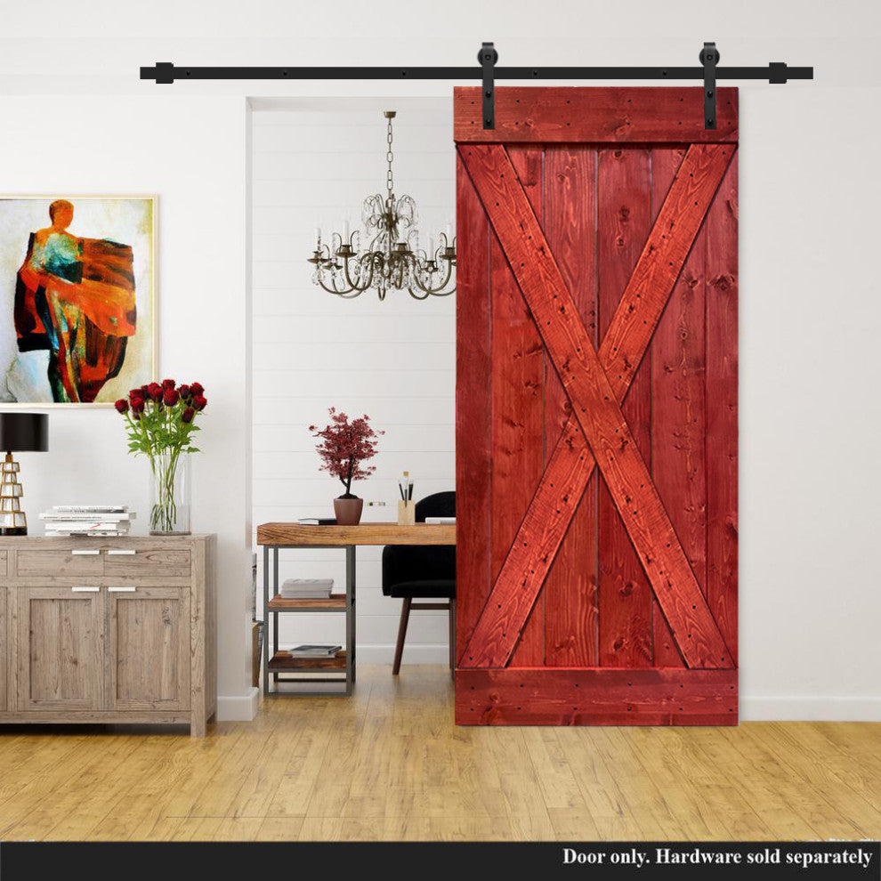 Stained Solid Pine Wood Sliding Barn Door, Cherry Red, 38"x84", X Series