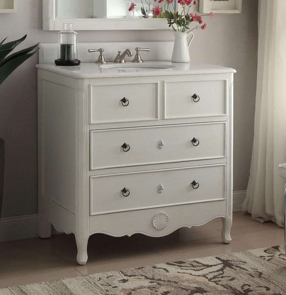 34 Inch Distressed Antique White Daleville Cottage Style Bathroom Sink Vanity, Antique White, 34''