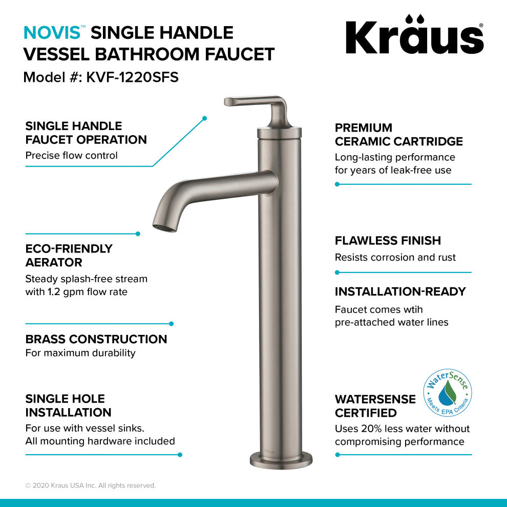 Kraus Ramus Single Handle Vessel Faucet, Pop Up Drain, Spot Free Steel, Set of 2